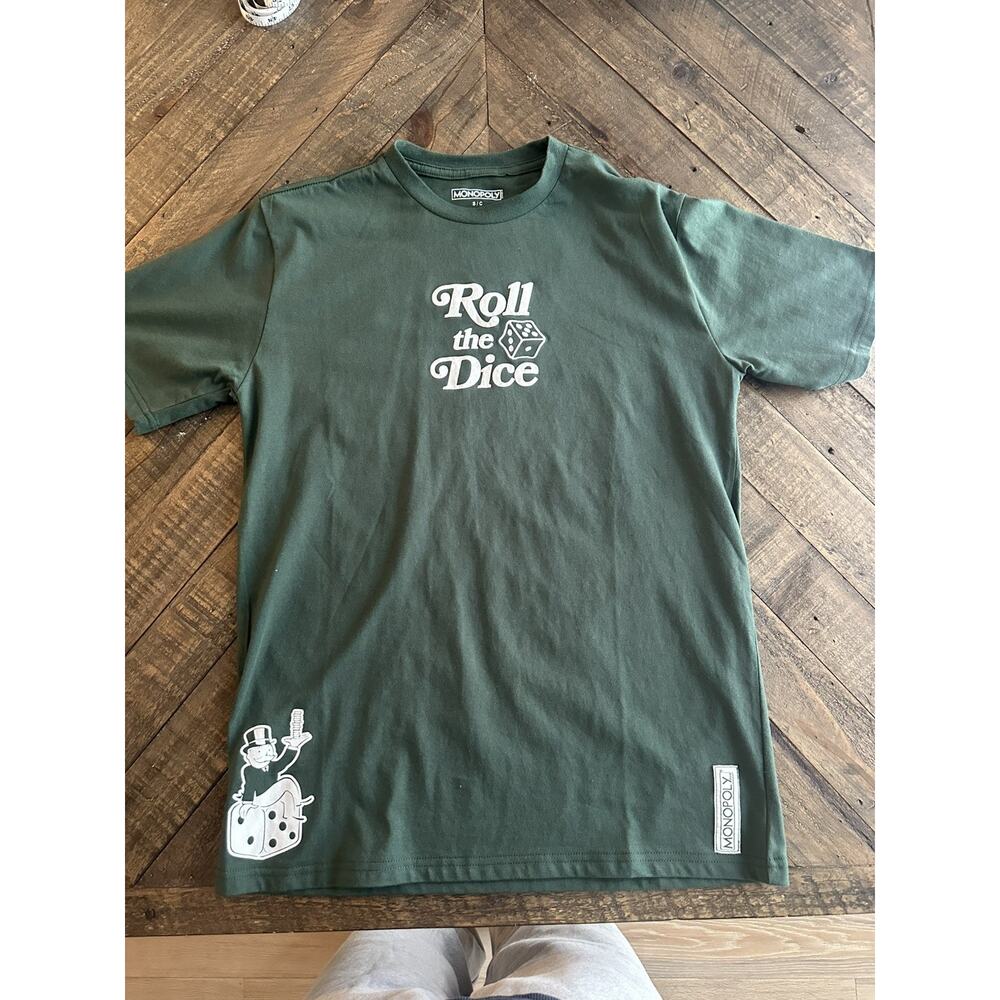 Mens Short Sleeve Dark Green Crew Neck Monopoly Man Roll Dice Graphic Small